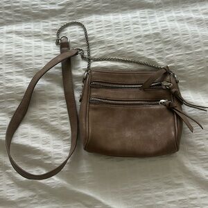 Women’s purse, long strap, silver metal and brown faux leather, small, worn once